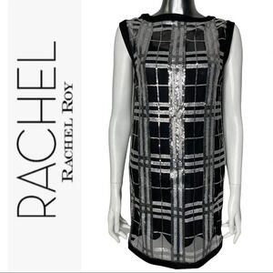 🛍️3/$40 Rachel Rachel Roy Sequin Dress Black Silver Plaid Dress Sleeveless Sz 0